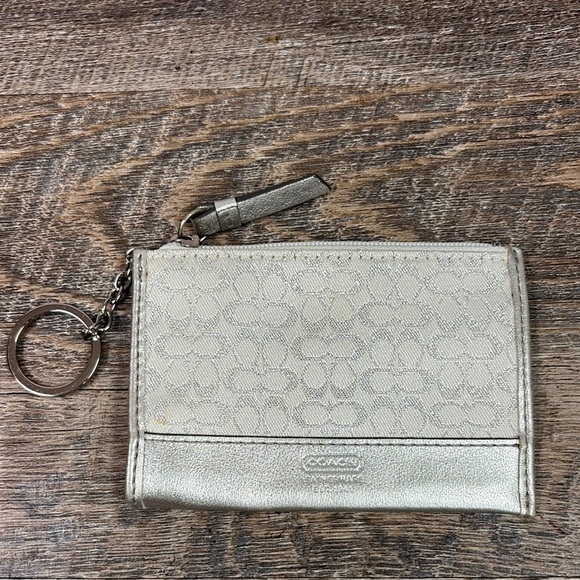 Coach Metallic Silver Leather Logo Keychain Wallet ID Holder - Picture 1 of 7